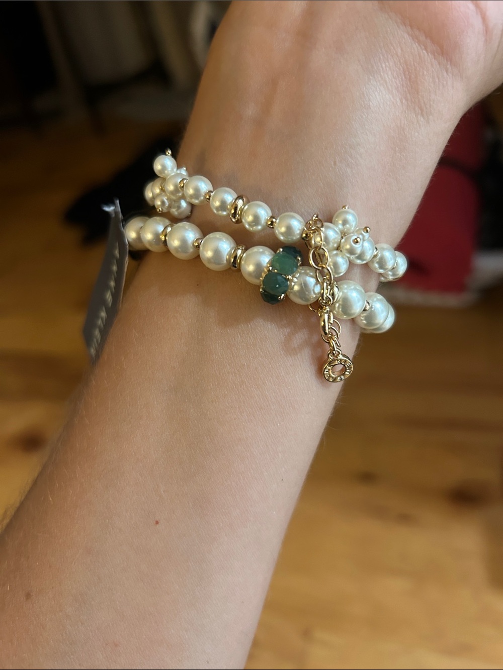 Anne Klein Gold and Pearl stretch Bracelet with Green Gem Accent